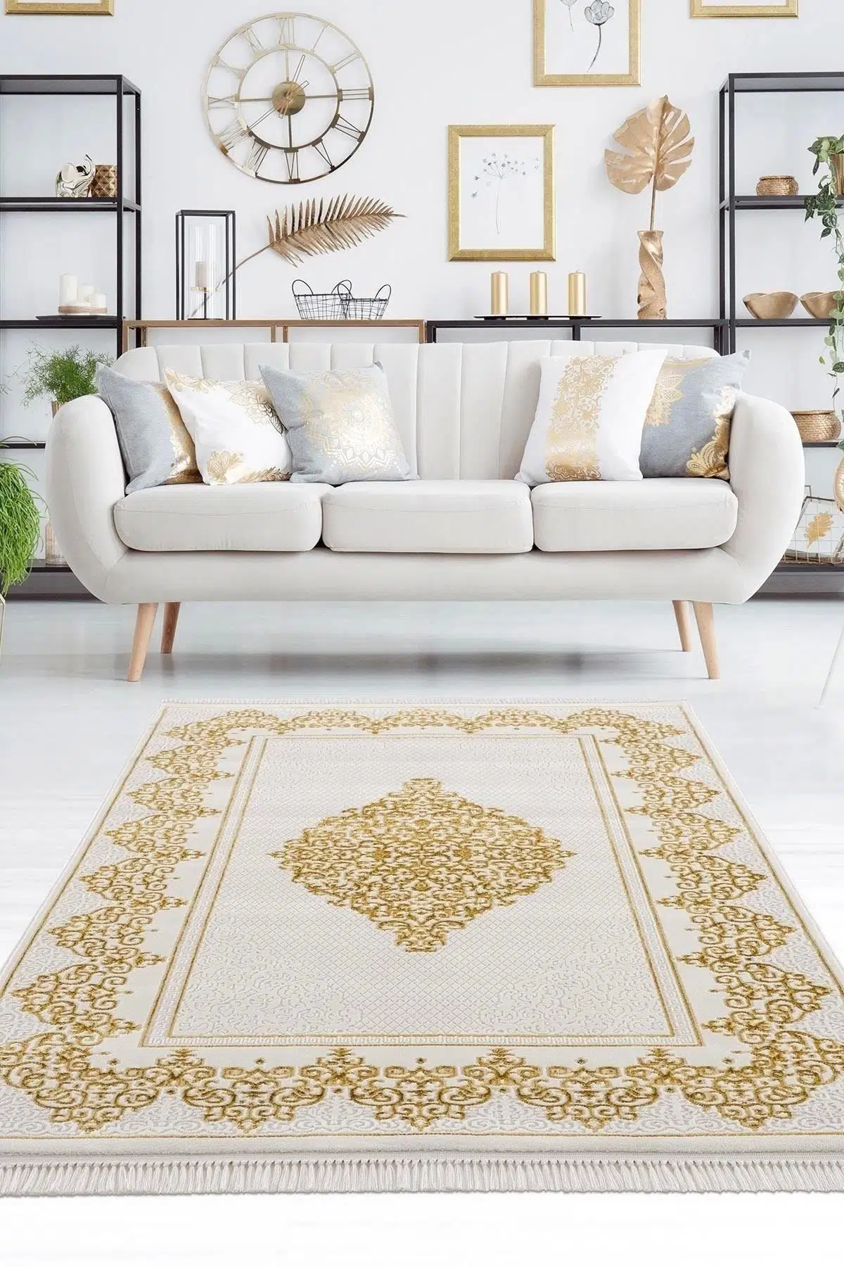 Efsun Krem Gold Modern Salon Ve Oturma Odası Halısı