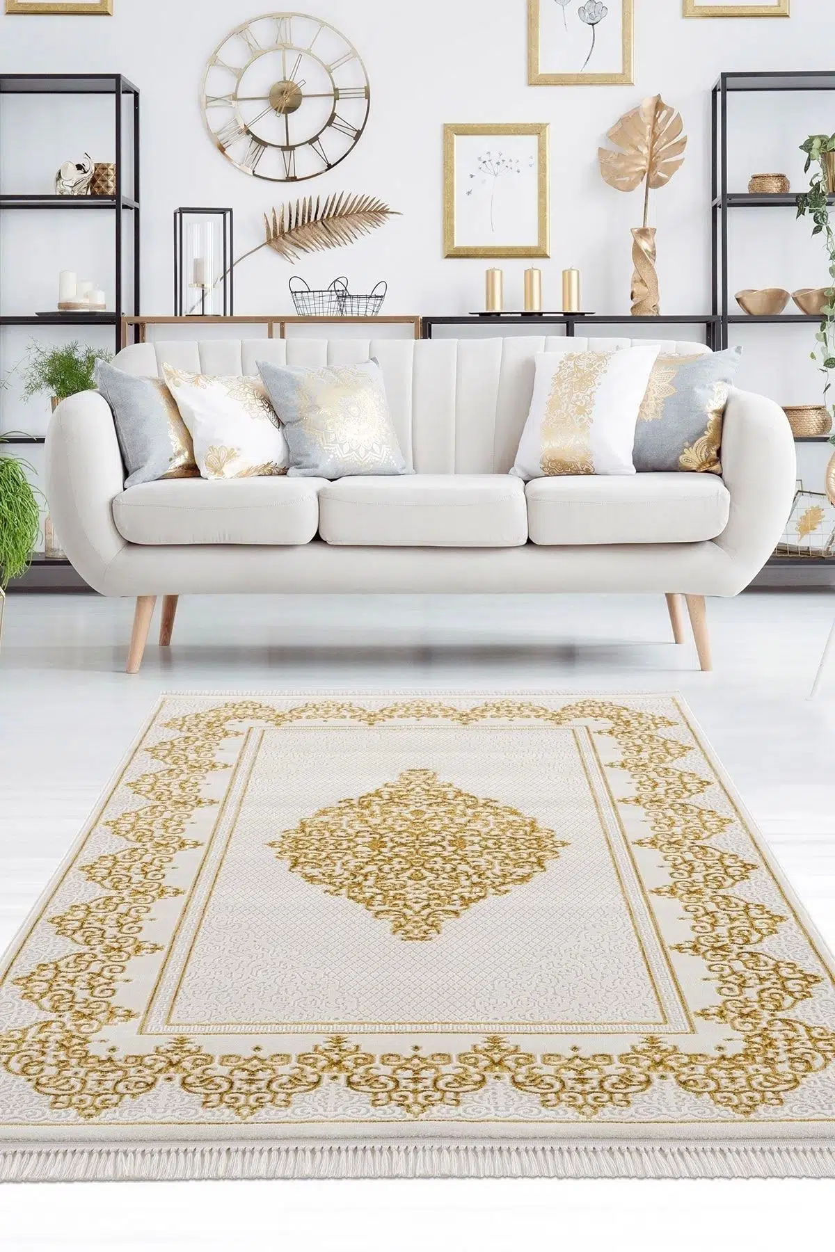 Efsun Krem Gold Modern Salon Ve Oturma Odası Halısı