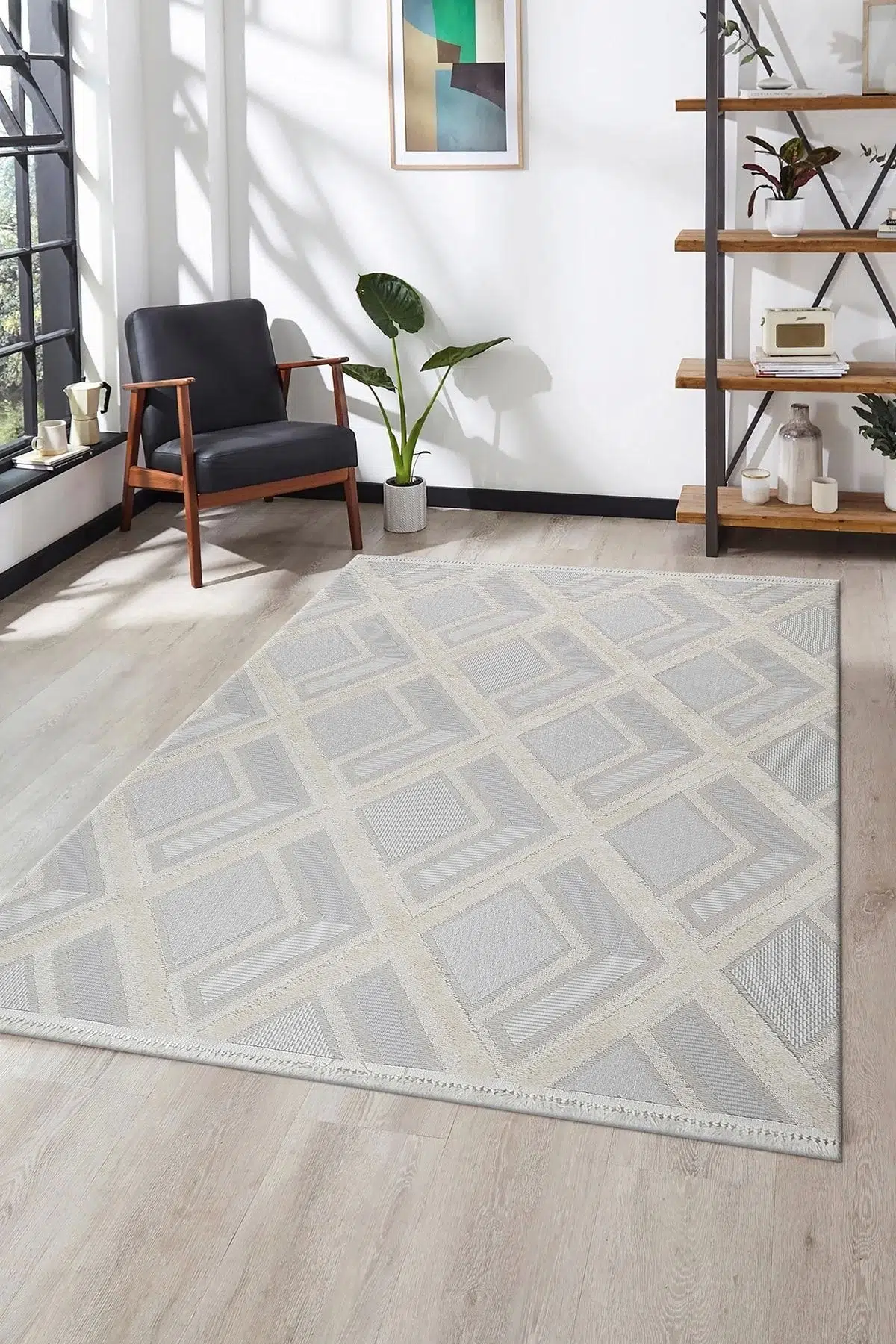 Grade Bukleli Dokuma Halı Çocuk Odası Oturma Odası Salon Mutfak Halısı 25719a Krem/gri