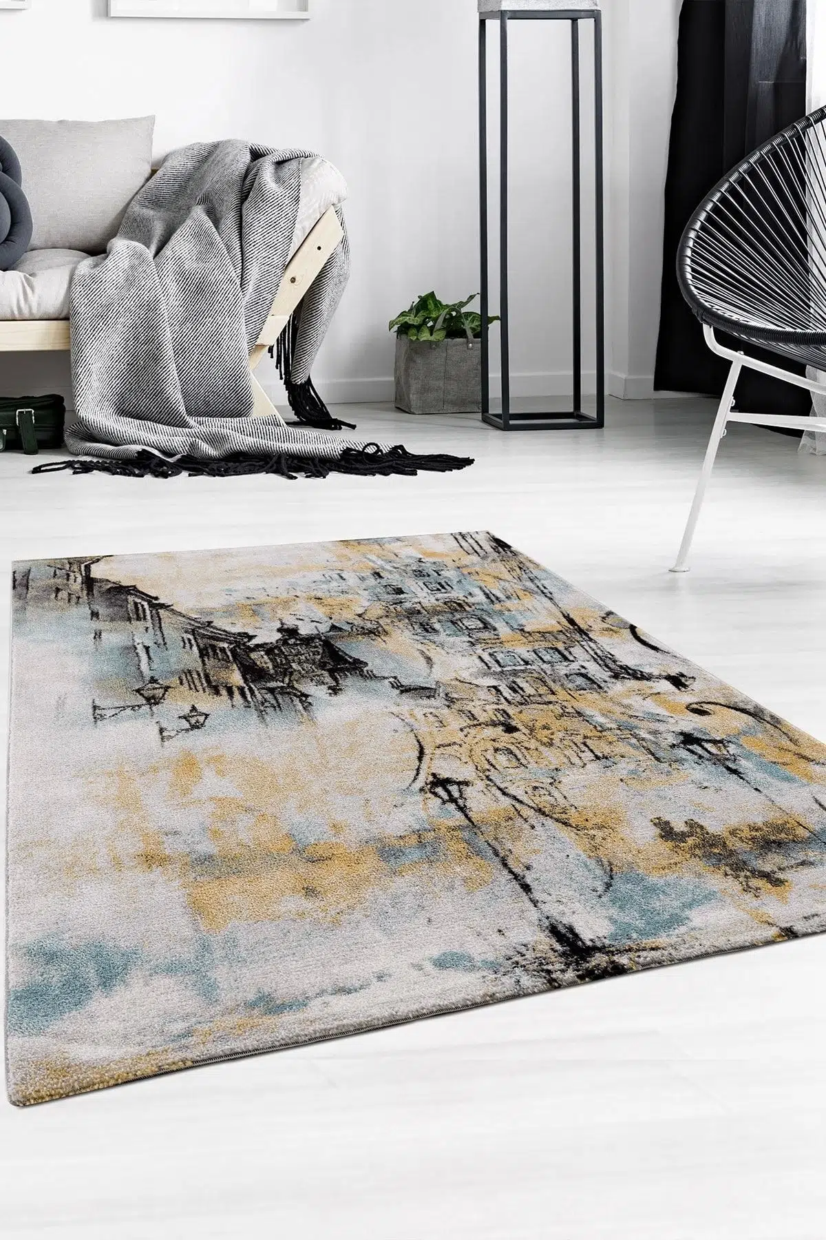 Safir Mavi Sarı Salon Ve Oturma Odası Halısı